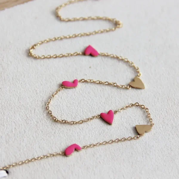Rvs Fijn Kettinkje Met 6 Mini Hartjes – Fuchsia Goud – Ss218 - IEF0013